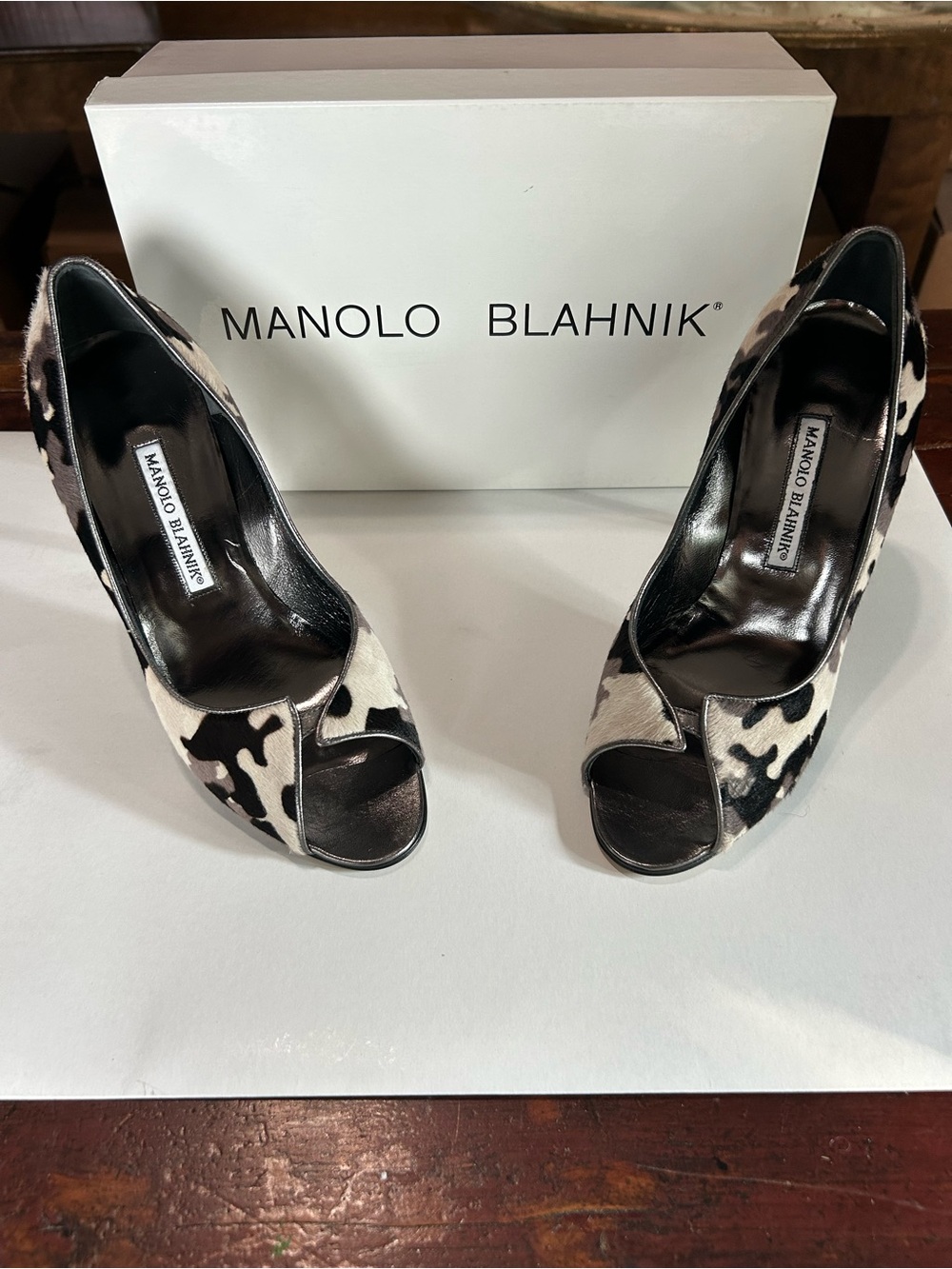 Manolo Blahnik Black and White Peep-Toe Pony Hair Pump Heels
